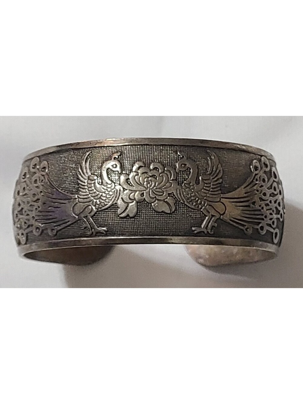 Vtg Chinese Export Silver Tone  Peacock & Peony Wide Cuff Bracelet Etched Asian